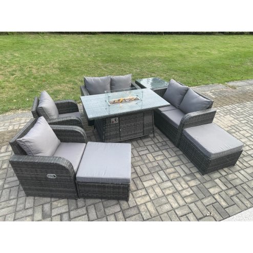Fimous 8 Seater Rattan Garden Furniture Set Outdoor Propane Gas Fire Pit Table and Sofa Chair set with Side Table 2 Big Footstool
