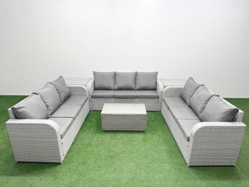 Fimous PE Rattan Lounge Sofa Set 9 Seater Outdoor Garden Furniture Set with Rectangular Coffee Table 3 Seater Sofa 2 Side Table Light Grey Image