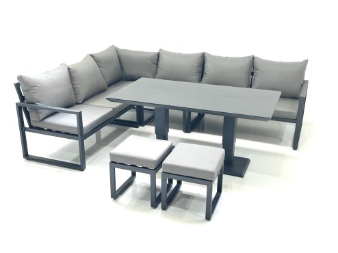 Fimous Aluminum Outdoor Garden Furniture Set Corner Sofa 2 Small Footstool Adjustable Rising Lifting Dining Table Sets Dark Grey