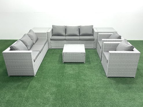 Fimous Outdoor Rattan Sofa Garden Furniture Set with 2 Armchairs Square Coffee Table 2 Side Tables Light Grey Mixed