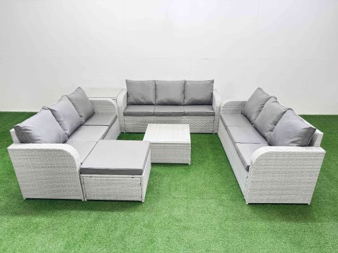 Fimous PE Rattan Lounge Sofa Set 10 Seater Outdoor Garden Furniture Set with Square Coffee Table 3 Seater Sofa Big Footstool Side Table Light Grey
