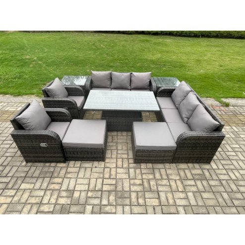 Fimous Rattan Outdoor Garden Furniture Sets Height Adjustable Rising lifting Dining Table Reclining Chair Sofa Set with 2 Side Tables 2 Big Footstools Dark Grey Mixed