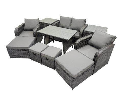 Fimous 8 Seater Garden Outdoor Rattan Furniture Set Rattan Sofa Oblong Dining Table with 2 Big Stools 2 Side Table Dark Grey