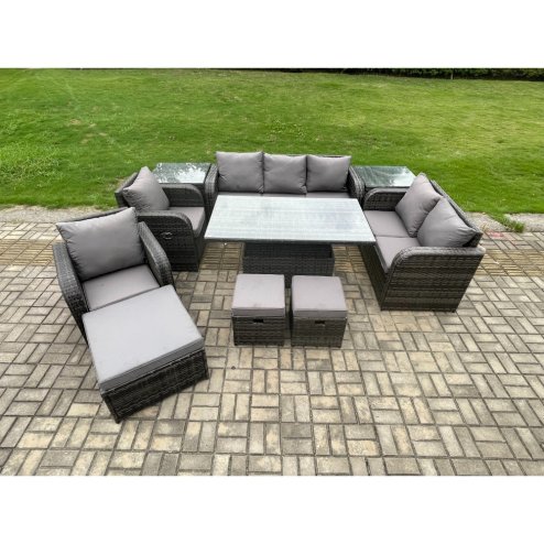 Fimous Wicker PE Rattan Outdoor Garden Furniture Sets Height Adjustable Rising lifting Dining Table Reclining Chair Sofa Set with 2 Side Tables 3 Footstools Dark Grey Mixed