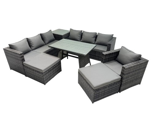 Fimous Outdoor Corner Sofa Chair Dining Table Set Garden Rattan Furniture Set 9 Seater with Side Table 2 Big Stool Dark Grey