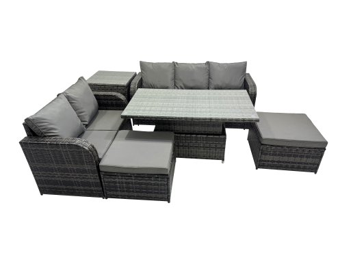 Fimous Rattan Garden Furniture Dining Set 7-seater Patio Height Adjustable Rising Lifting Table Sofa Set with Side Table Dark Grey Mixed
