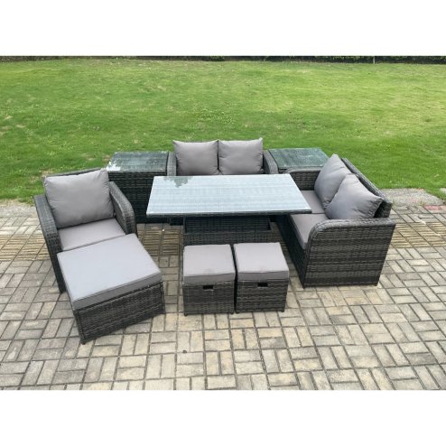 Fimous 8 Seater Rattan Furniture Garden Dining Set Outdoor Height Adjustable Rising lifting Table Love Sofa Chair With 2 Side Tables 3 Footstools