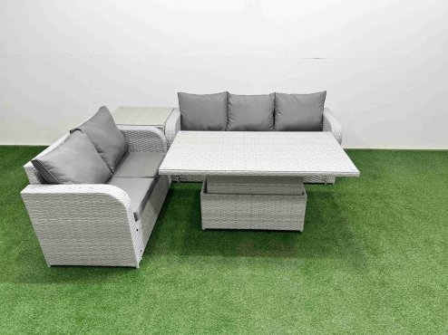 Fimous 5 Seater PE Rattan Wicker Garden Furniture Patio Conservatory Sofa Set with Adjustable Lifting Dining or Coffee Table 3 Seater Sofa Love Sofa Side Table