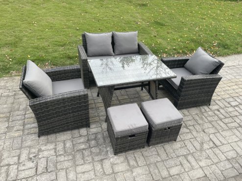 Fimous 6 Seater Outdoor Garden Furniture High Back Rattan Sofa Dining Table Set with 2 Small Footstools Dark Grey Mixed