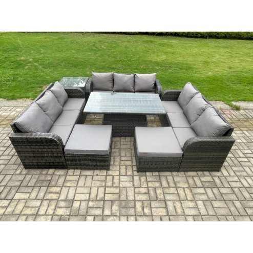 Fimous 11 Seater Garden Dining Sets Outdoor Rattan Furniture Lounge Sofa Height Adjustable Rising lifting Table With Side Table 2 Big Footstool Dark Grey Mixed