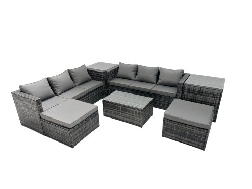 Fimous Rattan Garden Furniture Dining Set 8-seater Patio Coffee Table Sofa Set with 2 Side Tables 2 Big Footstools Dark Grey Mixed