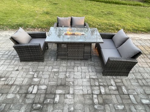 Fimous Rattan Outdoor Garden Furniture Gas Fire Pit Table Sets Gas Heater with Double Seat Sofa Armchair 5 Seater Dark Mixed Grey