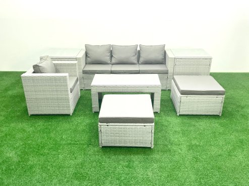 Fimous Outdoor Rattan Garden Furniture Set with Grey Cushions Luxury 6 Seater with 2 Big Footstools and Coffee Table,2 Side Tables For Conservatory,Patio