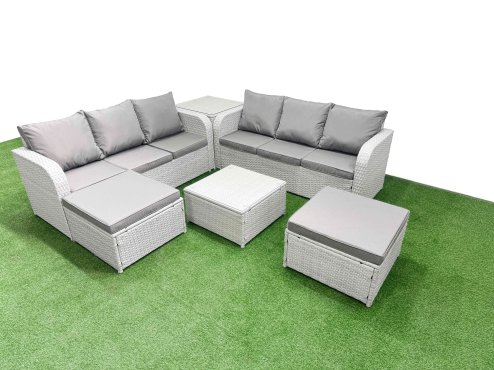 Fimous Outdoor Garden Furniture Sets 8 Seater Wicker Rattan Furniture Sofa Sets with Square Coffee Table high Back Lounge Sofa 2 Big Footstool Side Table Light Grey