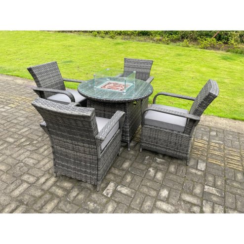 Fimous Rattan Garden Furniture Gas Fire Pit Round Dining Table Set Gas Heater And Dining Chairs 4 Seater