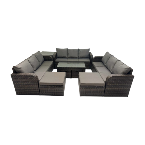 Fimous Rattan Garden Outdoor Furniture Set 3 Seater Sofa Coffee Table with Side Table 4 Footstools Dark Grey Mixed