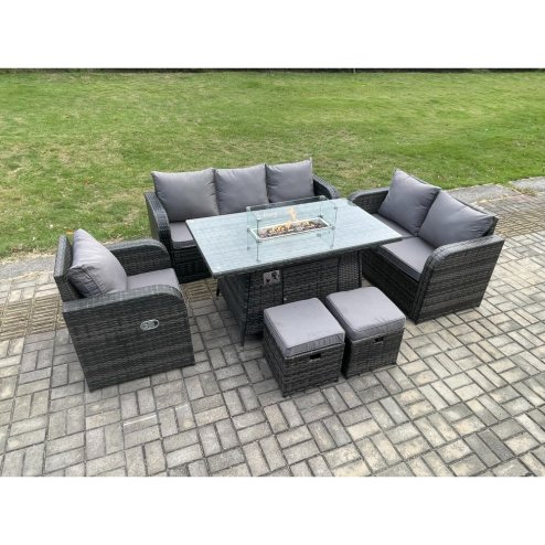 Fimous Wicker Rattan Garden Furniture Set with Fire Pit Table 8 Seater Outdoor Lounge Sofa Set Dark Grey Mixed