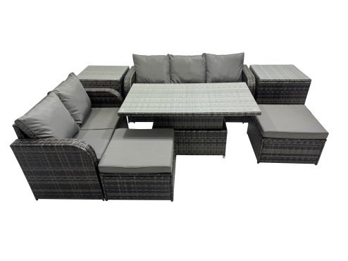Fimous Rattan Garden Furniture Dining Set 7-seater Patio Height Adjustable Rising Lifting Table Sofa Set with 2 Side Tables Dark Grey Mixed