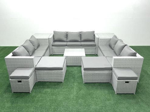 Fimous Garden Outdoor Furniture Set 14 Seater Rattan Sofa Set with 2 Side Tables 4 Footstools Light Grey Mixed