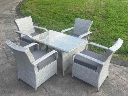 Fimous Light Grey Rattan Rectangular Dining Table and 4 Chairs Set Outdoor Garden furniture Set with Seat Cushion