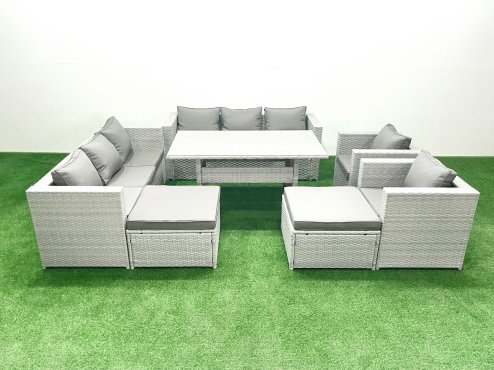 Fimous Rattan Garden Furniture Set Outdoor 8 Seater Patio Dinin g Sofa Sets with Dining Table 2 Chairs 2 Big Footstools Light Grey Mixed