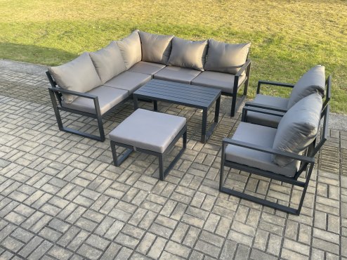Fimous Aluminium Outdoor Garden Furniture Set Lounge Sofa Oblong Coffee Table Sets with 2 Pcs Chair Big Footstool Indoor Conservatory Set Dark Grey
