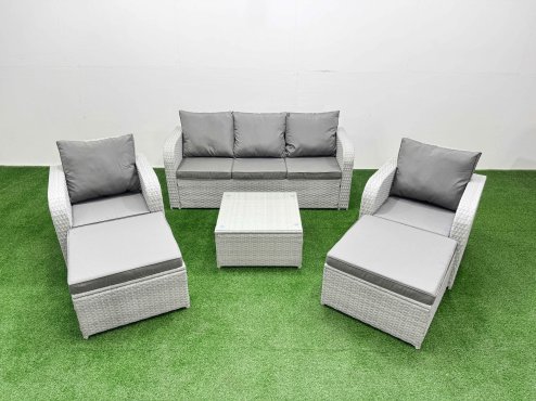 Fimous PE Rattan Garden Furniture Set Reclining Chair Sofa Lounge Sofa Set Square Coffee Table 2 Big Footstool Light Grey