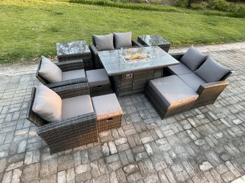 Fimous Outdoor Garden Furniture Sets 10 Pieces Wicker Rattan Furniture Gas Firepit Dining Table Sofa Set with 3 Footstools 2 Side Tables Dark Grey Mixed