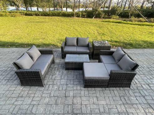 Fimous Dark Grey 7 Seater Outdoor Rattan Garden Furniture Set Patio Love Sofa Rectangular Coffee Table Set with Big Footstool Side Table