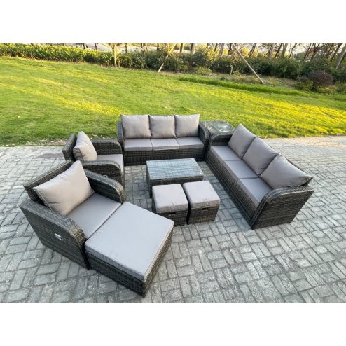 Fimous Rattan Outdoor Garden Furniture Sofa Set Patio Table & Chairs Set with 3 Seater Sofa Reclining Chair 3 Footstools 3 Seater Sofa Side Table Dark Grey Mixed