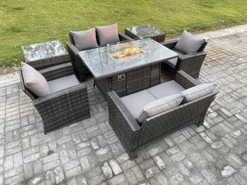 Fimous Wicker PE Rattan Garden Furniture Sets Patio Outdoor Gas Firepit Dining Table Heater Set with Double Seat Sofa 2 Side Tables Dark Grey Mixed