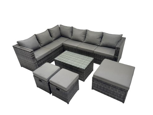 Fimous Outdoor Rattan Rectangular Coffee Table Corner Sofa Sets Garden Furniture Set with 3 Stools Dark Grey Mixed