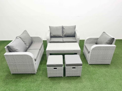 Fimous High Back Poly Rattan Garden Furniture Set with Reclining Chair Loveseat Sofa Oblong Coffee Table Indoor Outdoor Patio Set 2 Stool Light Grey Image