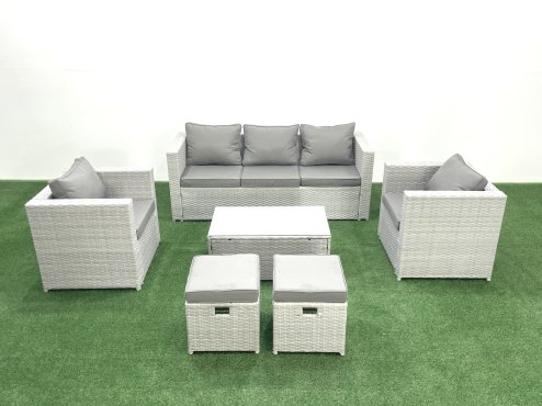 Fimous Rattan Garden Furniture Set with 3 Seater Sofa 2 Chair Rectangular Coffee Table 2 Small Footstools Light Grey Mixed 7 Seater