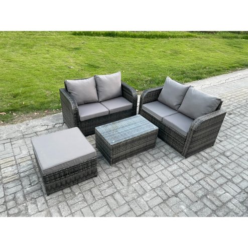Fimous Outdoor Lounge Sofa Set Rattan Garden Furniture Set with Rectangular Coffee Table Big Footstool Dark Grey Mixed