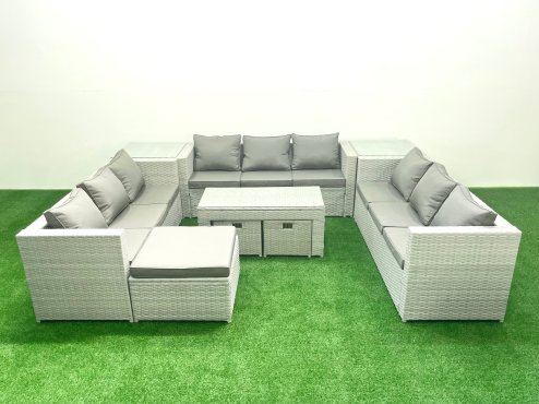Fimous Rattan Garden Outdoor Furniture Set 12 Seater Garden Sofa Oblong Coffee Table Set with 3 Footstools 2 Side Tables Light Grey Mixed
