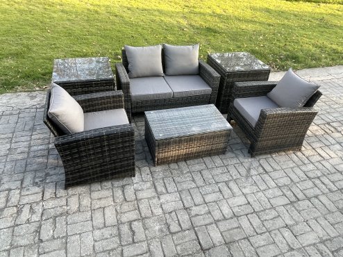 Fimous Outdoor Lounge Sofa Set Wicker PE Rattan Garden Furniture Set with Rectangular Coffee Table Double Seat Sofa 2 Side Tables Dark Grey Mixed
