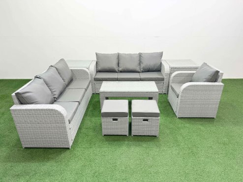 Fimous 9 Seater Poly Rattan Outdoor Garden Furniture Oblong Coffee Table Sofa Set Patio 3 Seater Sofa Reclining Chair 3 Seater Sofa Stools 2 Side Table Light Grey