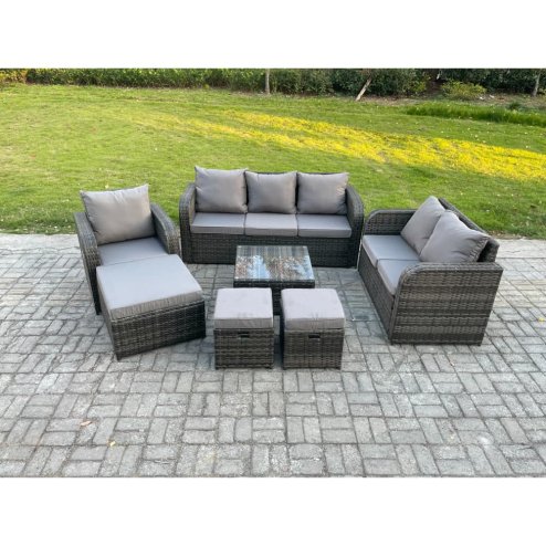 Fimous Rattan Garden Furniture 7 Piece Patio Set With Table Sofa Square Coffee Table Reclining Chair Love seat sofa Side 3 Seater Sofa 3 Footstools