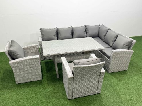 Fimous Rattan Garden Furniture Set Outdoor 8 Seater Patio Dining Corner Sofa Sets with Dining Table Chair Light Grey Mixed