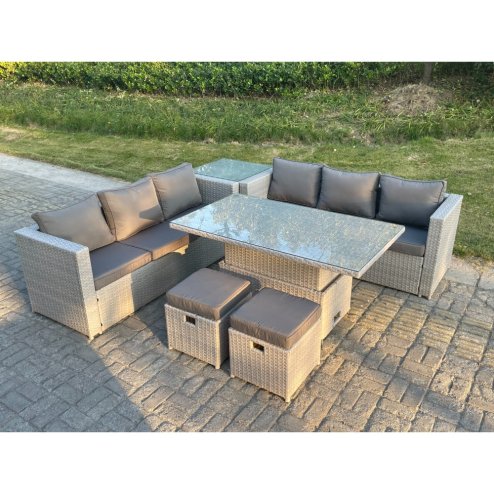 Fimous Rattan Garden Funiture Set Height Adjustable Rising Lifting Table Sofa Dining Set With Side Coffee Tea Table Stool