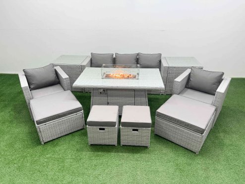 Fimous 9 Seat PE Rattan Lounge Sofa Set Outdoor Garden Furniture Set with Firepit Dining Table 3 Seater Sofa 4 Footstools 2 Side Tables Light Grey