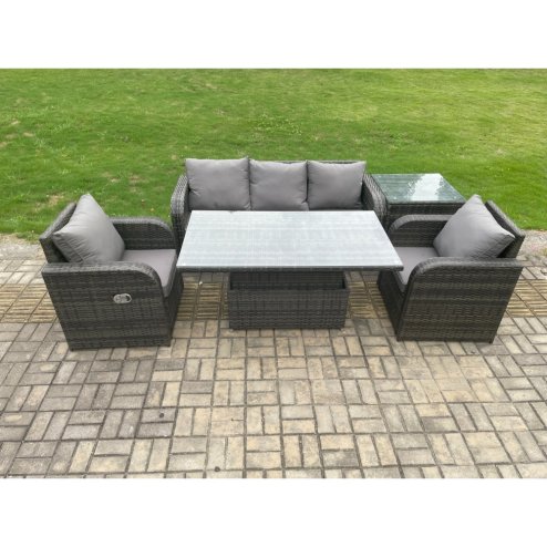 Fimous Wicker PE Rattan Outdoor Garden Furniture Set Height Adjustable Rising lifting Dining Table With Armchair Side Table