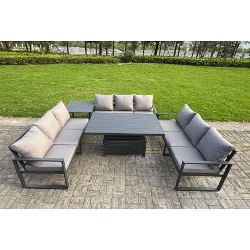 Fimous U-shaped Garden Furniture Set 9-Seater Aluminium Outdoor Dining Set with Adjustable Rising Lifting Dining Table Dark Grey
