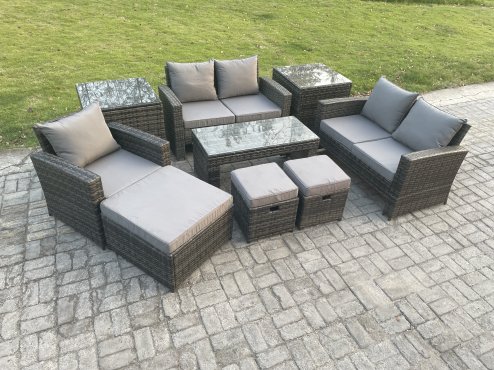 Fimous 8 Seater Outdoor Rattan Patio Furniture Set Garden Lounge Sofa Set with 2 Side Tables 3 Footstools Coffee Table Dark Grey Mixed