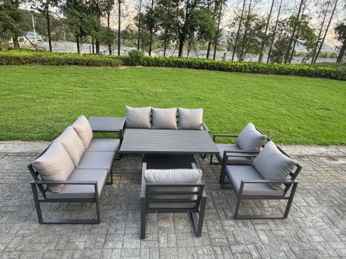 Fimous 6 Piece Garden Furniture Set 9-Seater Aluminium Outdoor Dining Set with Adjustable Rising Lifting Dining Table & Cushions 3 Chairs Dark Grey