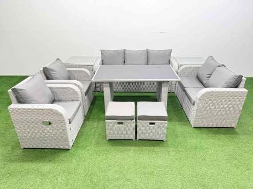 Fimous 9 Seater Garden Furniture Set PE Ratten Garden Sofa Set with Rectangular Dining Table 2 Small Stools 2 Side Tables Light Grey
