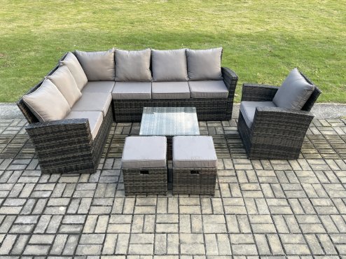 Fimous 9 Seater Outdoor Furniture Garden Dining Set Rattan Corner Sofa Set with Square Coffee Table 2 Small Footstools Dark Grey Mixed
