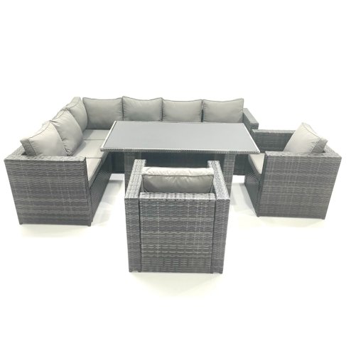 Fimous Dark Grey Outdoor Lounge Rattan Corner Sofa Set Garden Furniture Rectangular Dining Table Chair