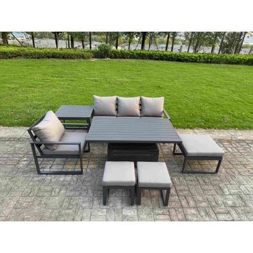 Fimous Aluminum Outdoor Dining Set Patio Dining Furniture Set Includes Adjustable Rising Lifting Dining Table Chairs with 3 Footstools